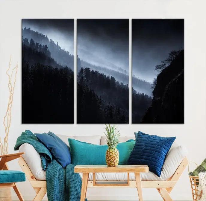 The Dark Forest Wall Art Canvas Print, featuring a UV-coated triptych of misty mountains, is crafted on museum-quality canvases to elevate the space.