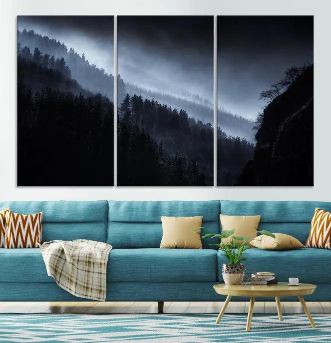 The Dark Forest Wall Art Canvas Print, featuring a UV-coated triptych of misty mountains, is crafted on museum-quality canvases to elevate the space.