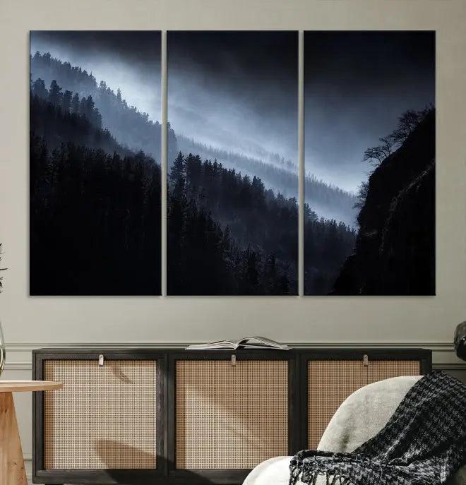 The Dark Forest Wall Art Canvas Print, featuring a UV-coated triptych of misty mountains, is crafted on museum-quality canvases to elevate the space.