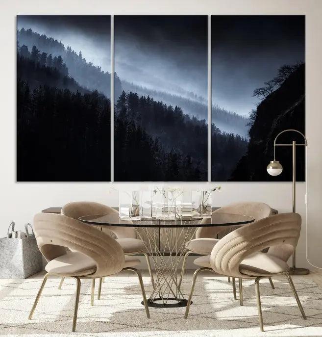 The Dark Forest Wall Art Canvas Print, featuring a UV-coated triptych of misty mountains, is crafted on museum-quality canvases to elevate the space.