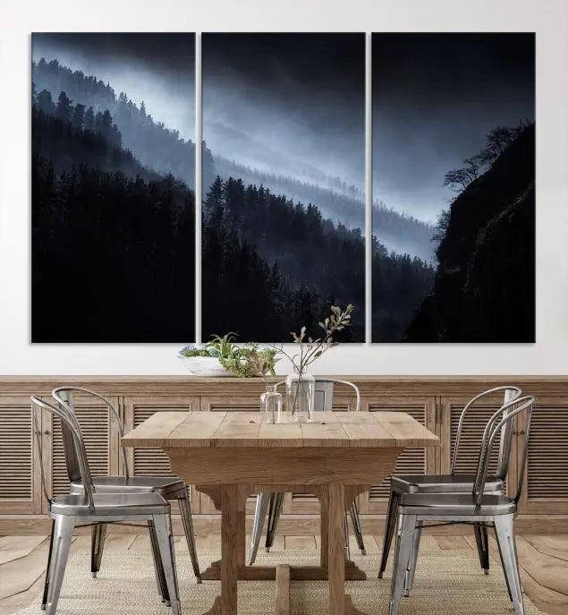 The Dark Forest Wall Art Canvas Print, featuring a UV-coated triptych of misty mountains, is crafted on museum-quality canvases to elevate the space.