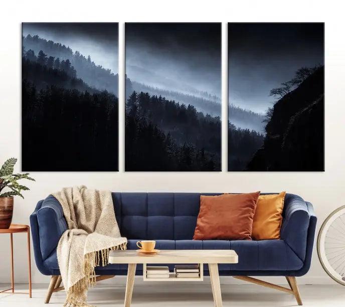 The Dark Forest Wall Art Canvas Print, featuring a UV-coated triptych of misty mountains, is crafted on museum-quality canvases to elevate the space.