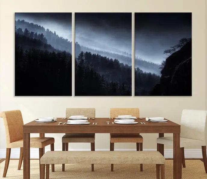 The Dark Forest Wall Art Canvas Print, featuring a UV-coated triptych of misty mountains, is crafted on museum-quality canvases to elevate the space.