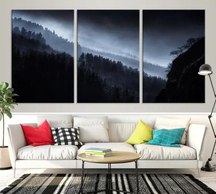 The Dark Forest Wall Art Canvas Print, featuring a UV-coated triptych of misty mountains, is crafted on museum-quality canvases to elevate the space.