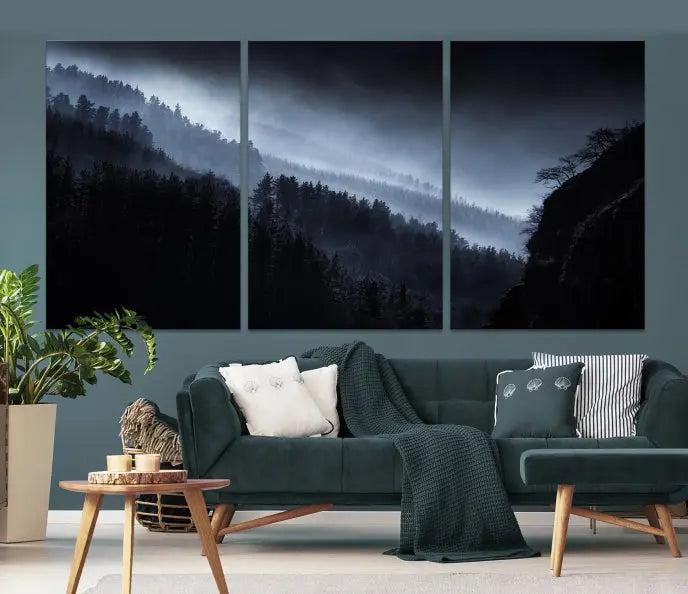 The Dark Forest Wall Art Canvas Print, featuring a UV-coated triptych of misty mountains, is crafted on museum-quality canvases to elevate the space.