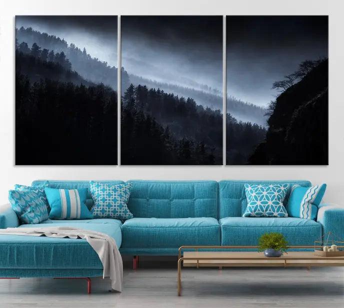 The Dark Forest Wall Art Canvas Print, featuring a UV-coated triptych of misty mountains, is crafted on museum-quality canvases to elevate the space.