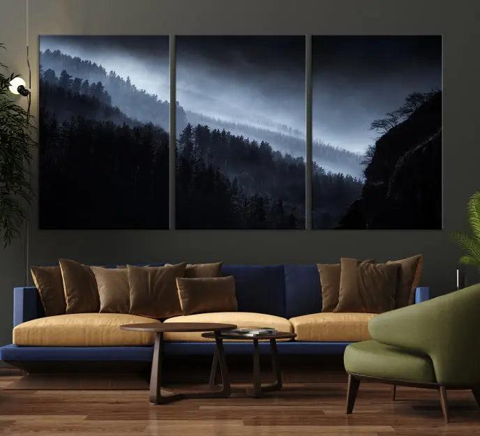 The Dark Forest Wall Art Canvas Print, featuring a UV-coated triptych of misty mountains, is crafted on museum-quality canvases to elevate the space.