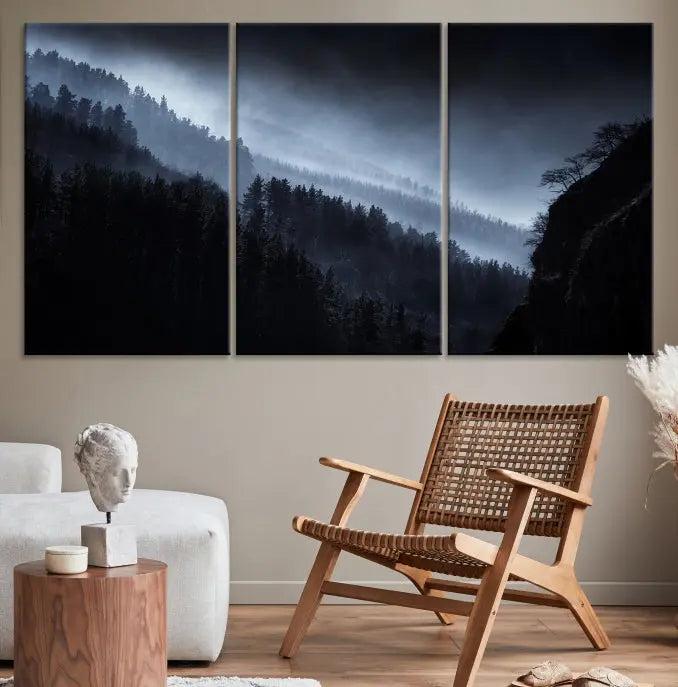 The Dark Forest Wall Art Canvas Print, featuring a UV-coated triptych of misty mountains, is crafted on museum-quality canvases to elevate the space.