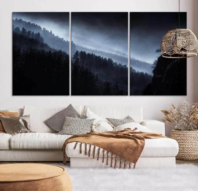 The Dark Forest Wall Art Canvas Print, featuring a UV-coated triptych of misty mountains, is crafted on museum-quality canvases to elevate the space.