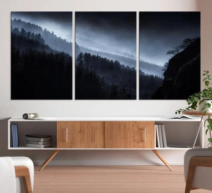 The Dark Forest Wall Art Canvas Print, featuring a UV-coated triptych of misty mountains, is crafted on museum-quality canvases to elevate the space.