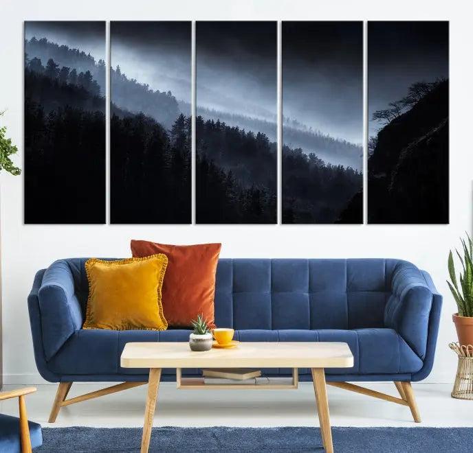 The Dark Forest Wall Art Canvas Print, featuring a UV-coated triptych of misty mountains, is crafted on museum-quality canvases to elevate the space.