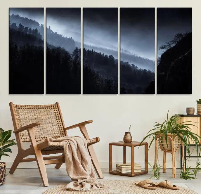 The Dark Forest Wall Art Canvas Print, featuring a UV-coated triptych of misty mountains, is crafted on museum-quality canvases to elevate the space.