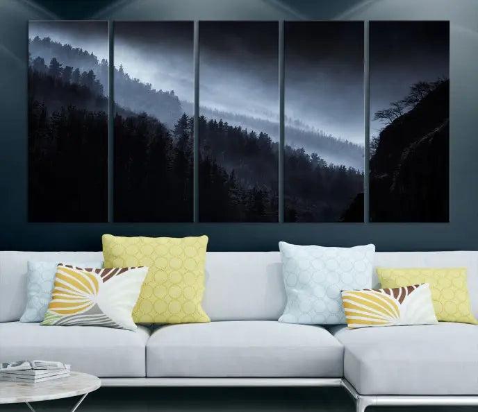 The Dark Forest Wall Art Canvas Print, featuring a UV-coated triptych of misty mountains, is crafted on museum-quality canvases to elevate the space.