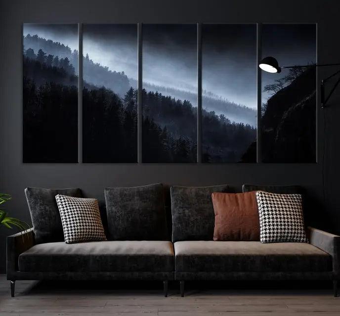 The Dark Forest Wall Art Canvas Print, featuring a UV-coated triptych of misty mountains, is crafted on museum-quality canvases to elevate the space.