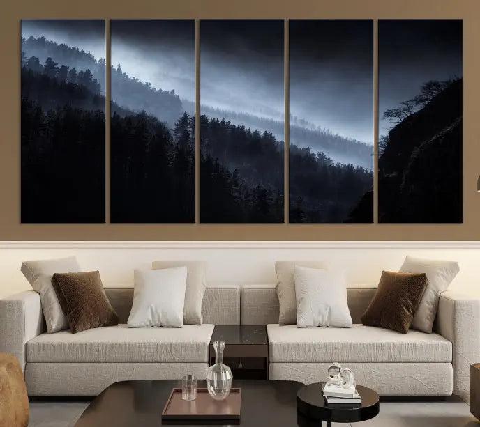 The Dark Forest Wall Art Canvas Print, featuring a UV-coated triptych of misty mountains, is crafted on museum-quality canvases to elevate the space.