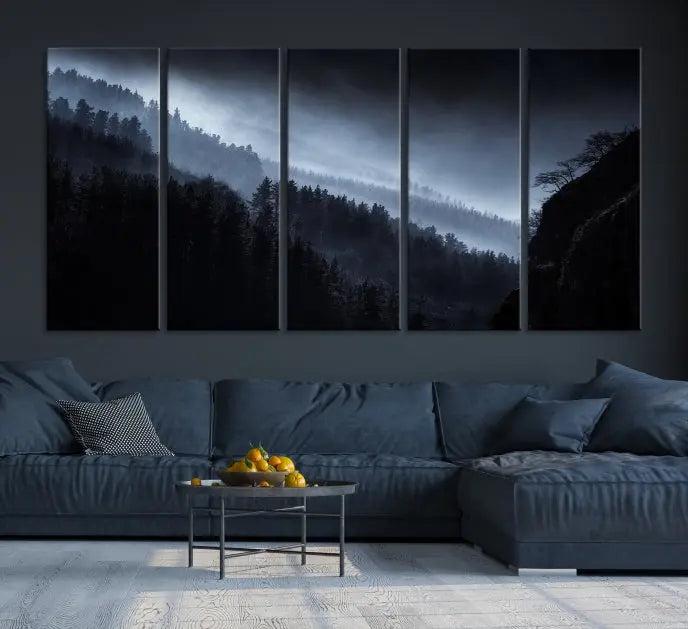 The Dark Forest Wall Art Canvas Print, featuring a UV-coated triptych of misty mountains, is crafted on museum-quality canvases to elevate the space.