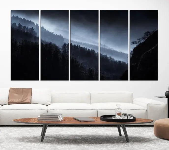 The Dark Forest Wall Art Canvas Print, featuring a UV-coated triptych of misty mountains, is crafted on museum-quality canvases to elevate the space.