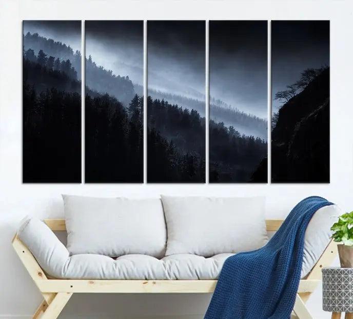 The Dark Forest Wall Art Canvas Print, featuring a UV-coated triptych of misty mountains, is crafted on museum-quality canvases to elevate the space.