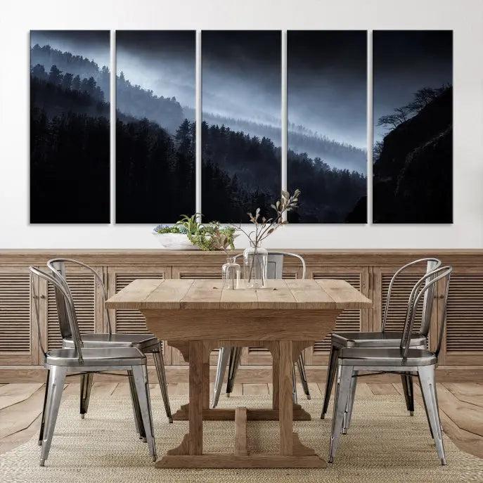 The Dark Forest Wall Art Canvas Print, featuring a UV-coated triptych of misty mountains, is crafted on museum-quality canvases to elevate the space.