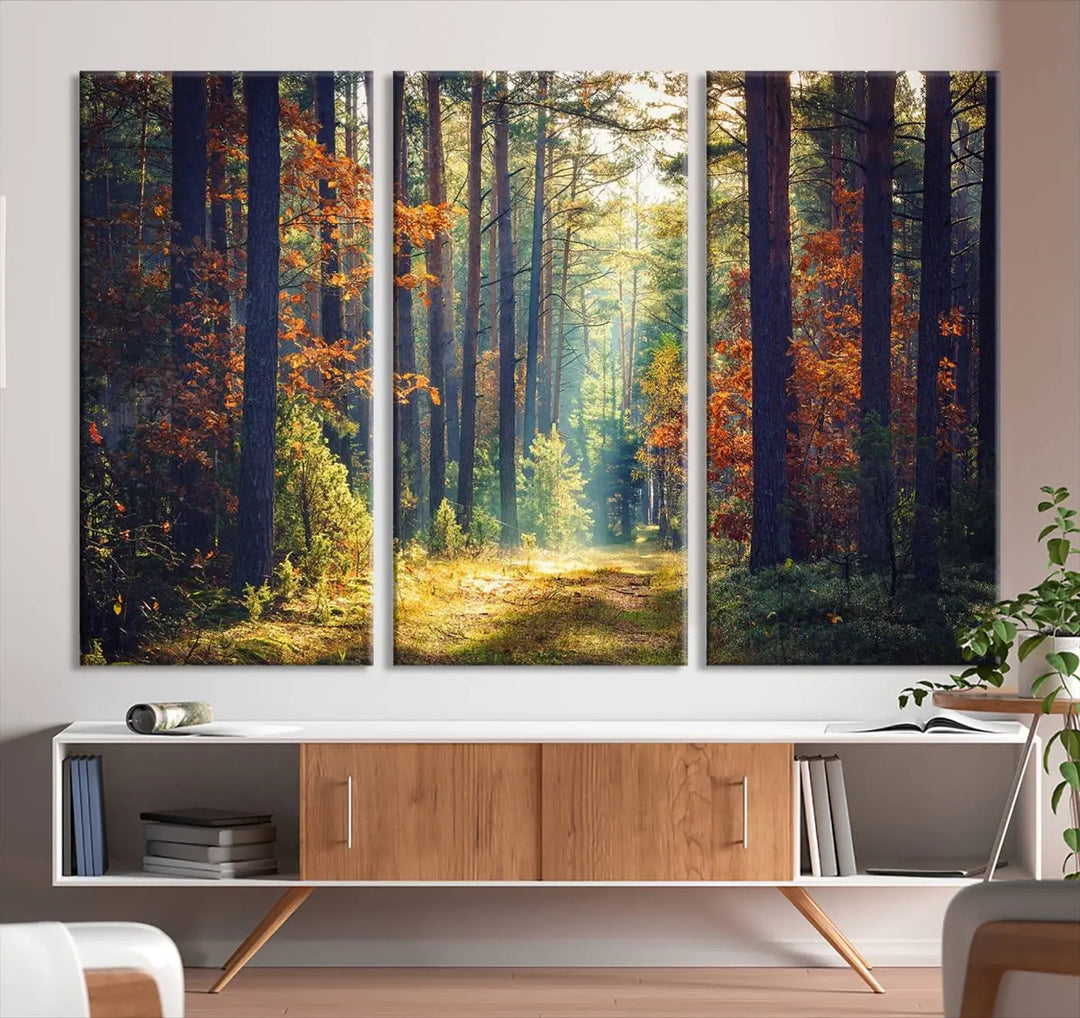 The Dark Forest Wall Art Canvas Print is designed as a triptych with museum-quality canvases and a UV-protective coating.