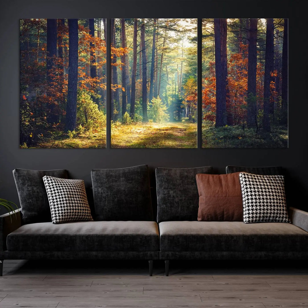 The Dark Forest Wall Art Canvas Print is designed as a triptych with museum-quality canvases and a UV-protective coating.