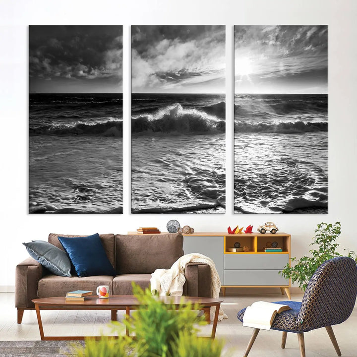 The room features the "Dark Ocean Wave on Beach" wall art canvas print. These museum-quality pieces are produced with high-resolution printing on canvas, providing an elegant touch to the space.