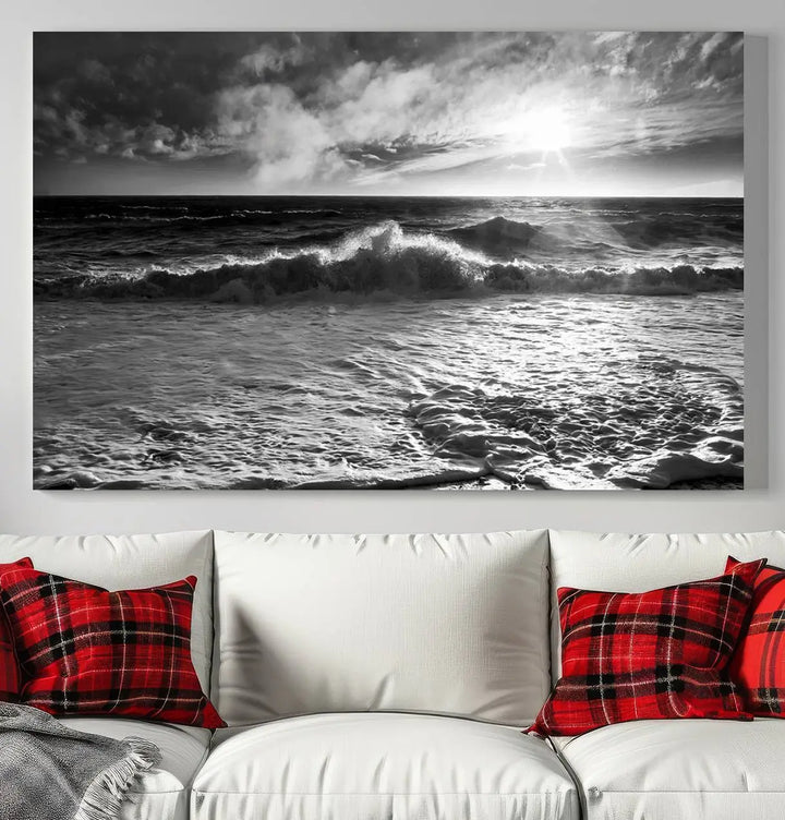 The room features the "Dark Ocean Wave on Beach" wall art canvas print. These museum-quality pieces are produced with high-resolution printing on canvas, providing an elegant touch to the space.