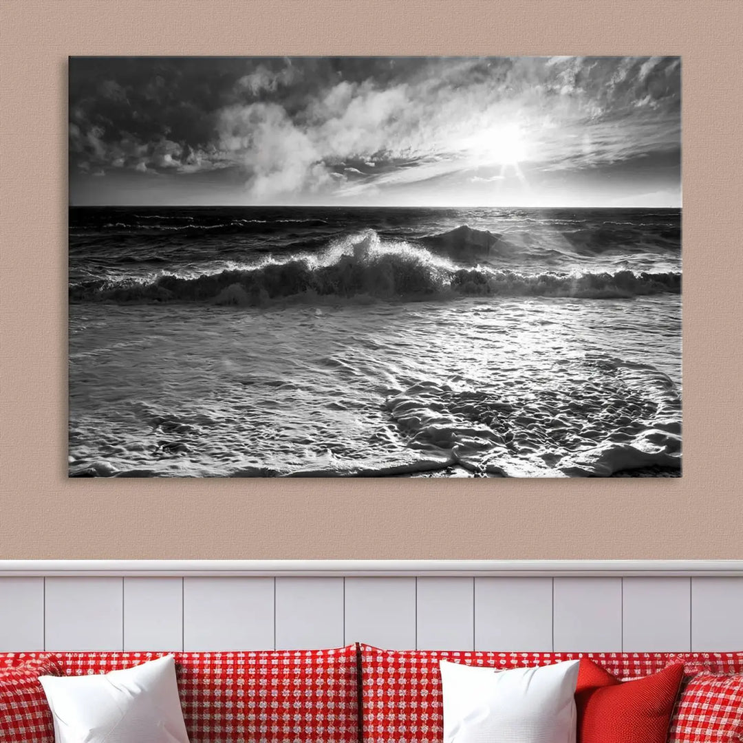 The room features the "Dark Ocean Wave on Beach" wall art canvas print. These museum-quality pieces are produced with high-resolution printing on canvas, providing an elegant touch to the space.