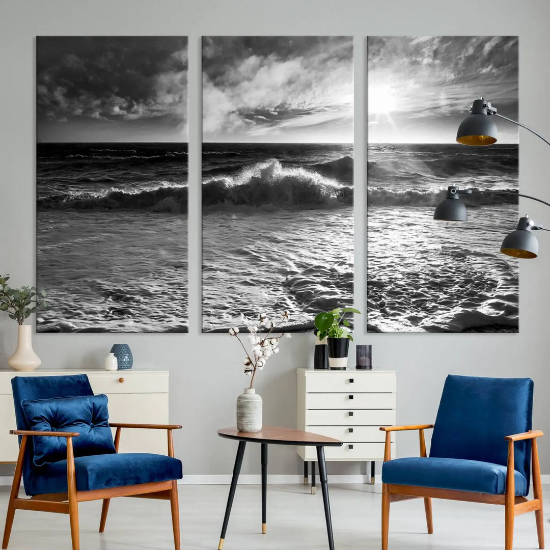 The room features the "Dark Ocean Wave on Beach" wall art canvas print. These museum-quality pieces are produced with high-resolution printing on canvas, providing an elegant touch to the space.