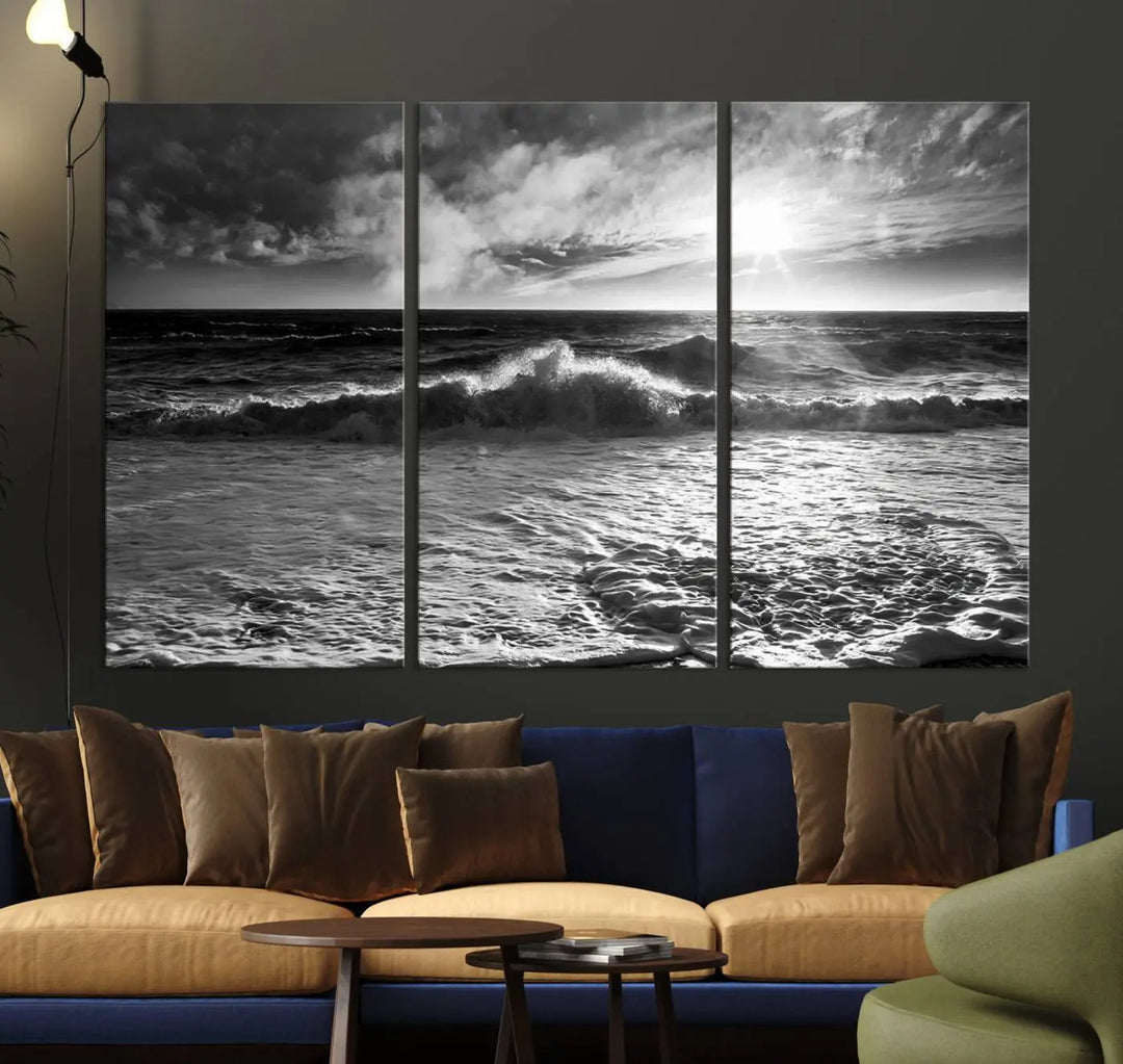 The room features the "Dark Ocean Wave on Beach" wall art canvas print. These museum-quality pieces are produced with high-resolution printing on canvas, providing an elegant touch to the space.