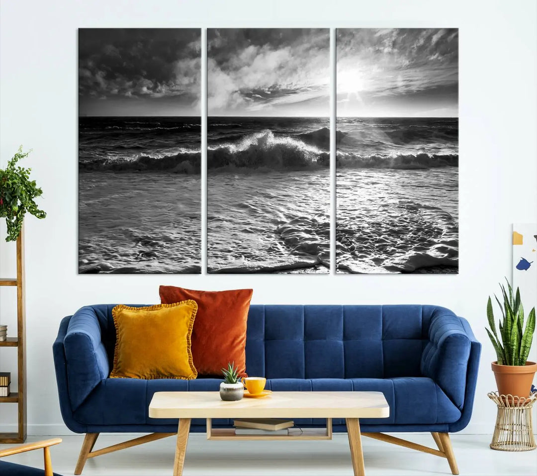 The room features the "Dark Ocean Wave on Beach" wall art canvas print. These museum-quality pieces are produced with high-resolution printing on canvas, providing an elegant touch to the space.