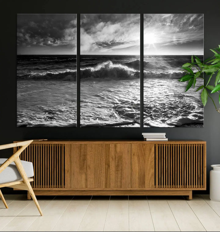 The room features the "Dark Ocean Wave on Beach" wall art canvas print. These museum-quality pieces are produced with high-resolution printing on canvas, providing an elegant touch to the space.