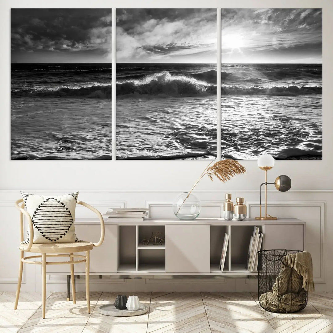 The room features the "Dark Ocean Wave on Beach" wall art canvas print. These museum-quality pieces are produced with high-resolution printing on canvas, providing an elegant touch to the space.