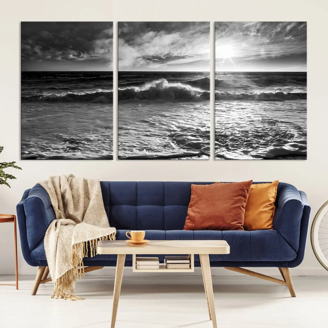 The room features the "Dark Ocean Wave on Beach" wall art canvas print. These museum-quality pieces are produced with high-resolution printing on canvas, providing an elegant touch to the space.