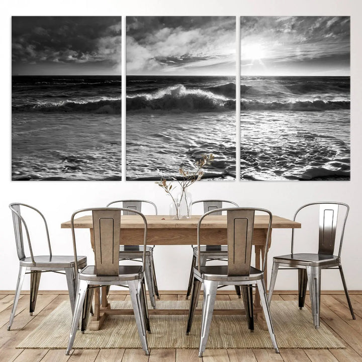 The room features the "Dark Ocean Wave on Beach" wall art canvas print. These museum-quality pieces are produced with high-resolution printing on canvas, providing an elegant touch to the space.