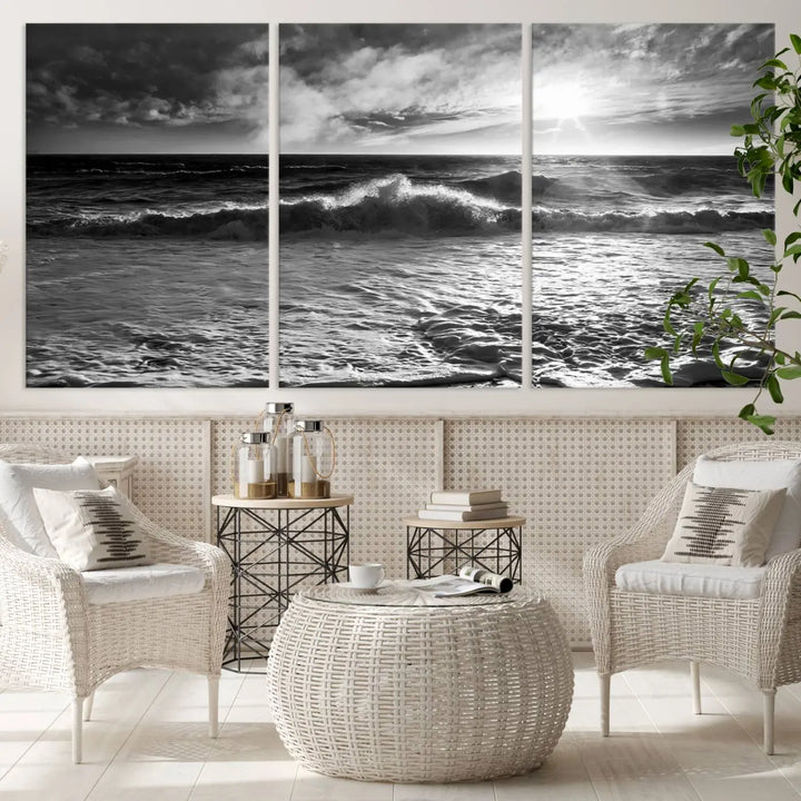 The room features the "Dark Ocean Wave on Beach" wall art canvas print. These museum-quality pieces are produced with high-resolution printing on canvas, providing an elegant touch to the space.