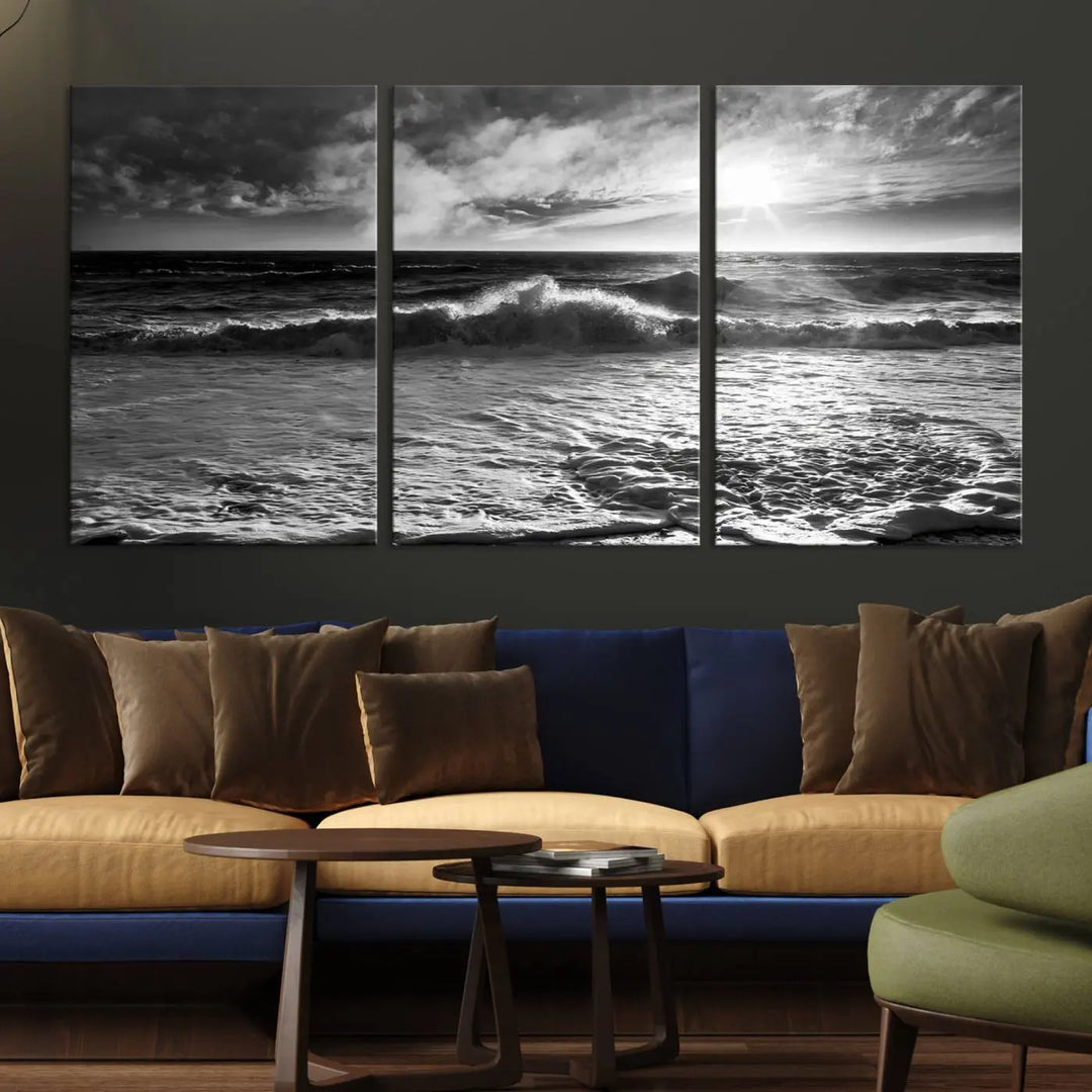 The room features the "Dark Ocean Wave on Beach" wall art canvas print. These museum-quality pieces are produced with high-resolution printing on canvas, providing an elegant touch to the space.