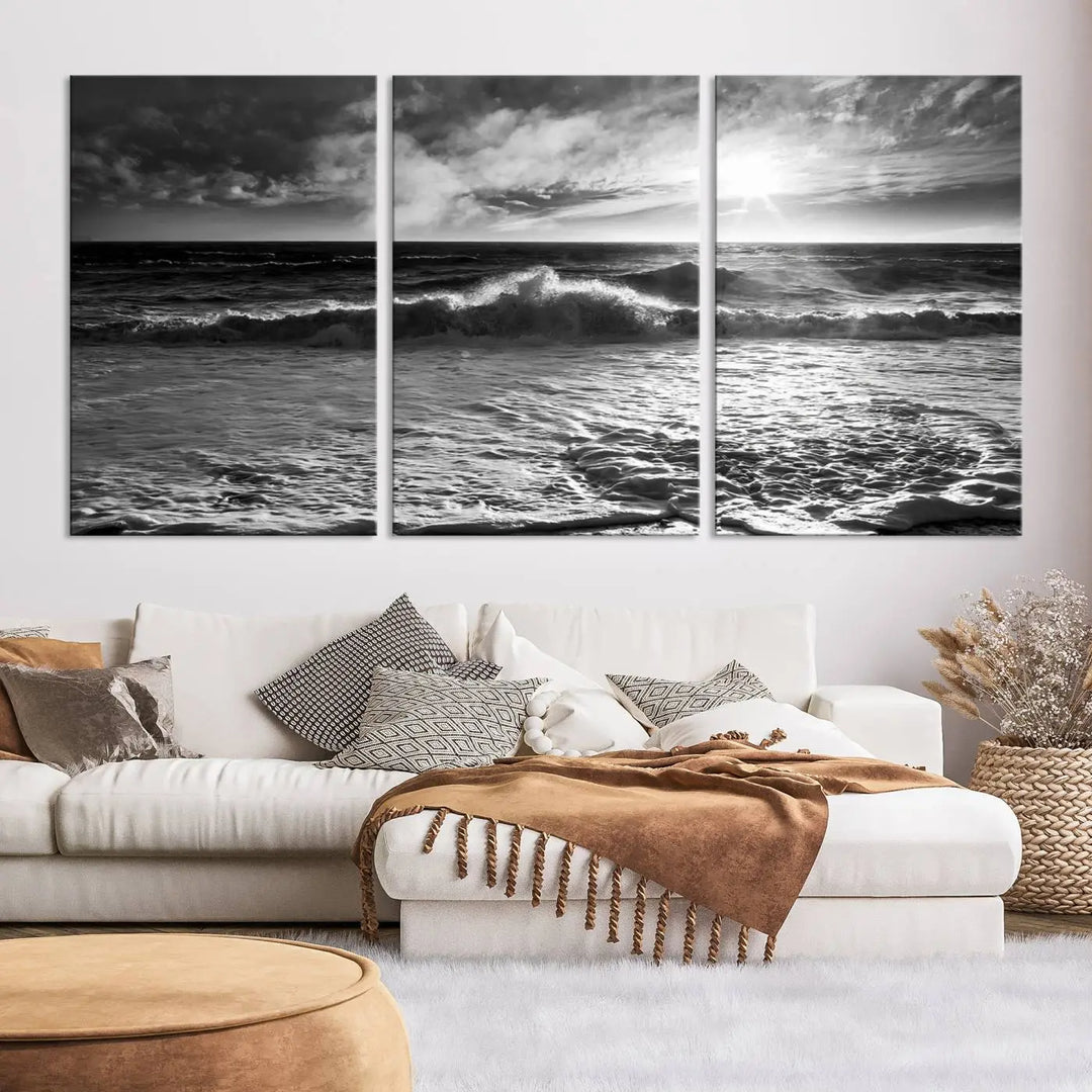 The room features the "Dark Ocean Wave on Beach" wall art canvas print. These museum-quality pieces are produced with high-resolution printing on canvas, providing an elegant touch to the space.