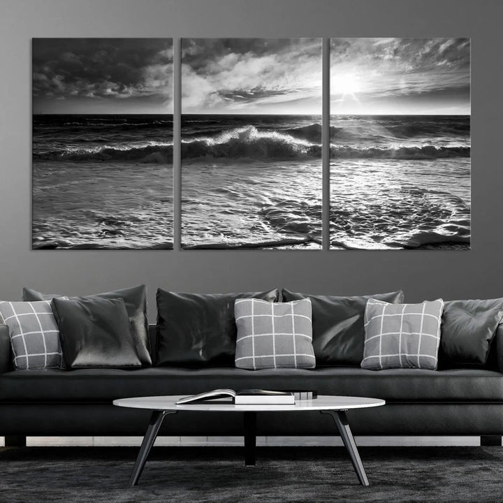 The room features the "Dark Ocean Wave on Beach" wall art canvas print. These museum-quality pieces are produced with high-resolution printing on canvas, providing an elegant touch to the space.