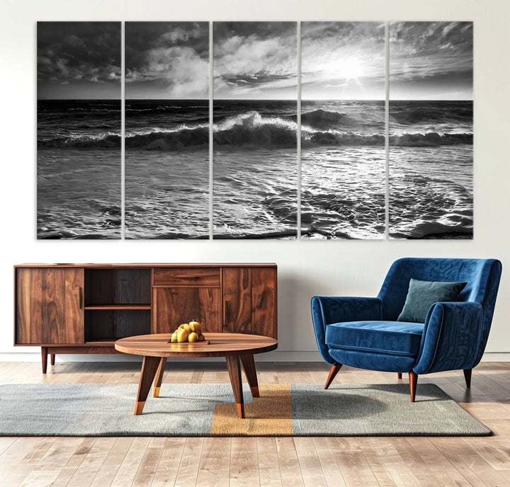 The room features the "Dark Ocean Wave on Beach" wall art canvas print. These museum-quality pieces are produced with high-resolution printing on canvas, providing an elegant touch to the space.