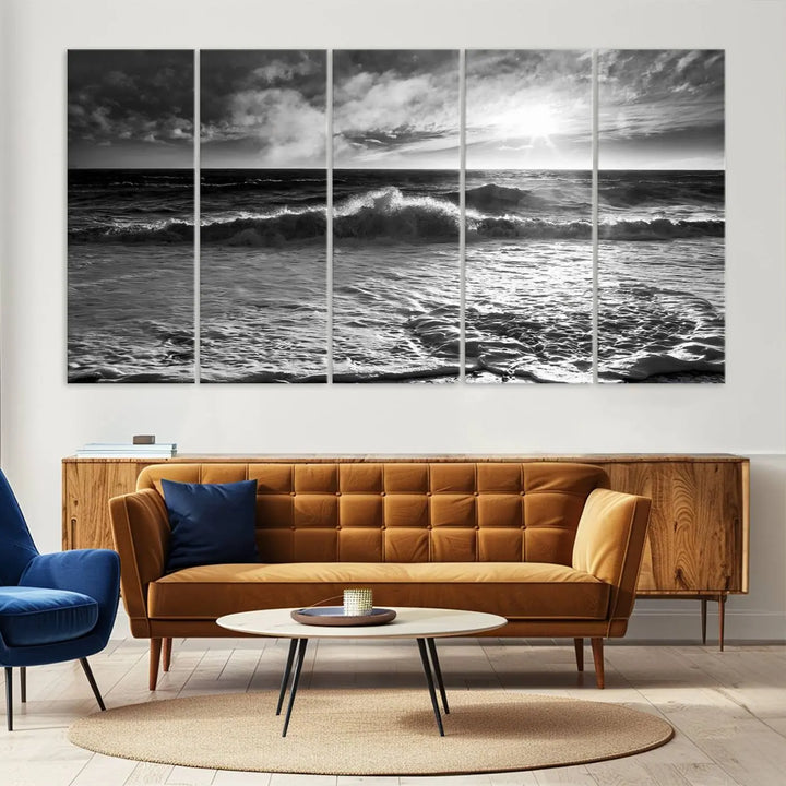 The room features the "Dark Ocean Wave on Beach" wall art canvas print. These museum-quality pieces are produced with high-resolution printing on canvas, providing an elegant touch to the space.