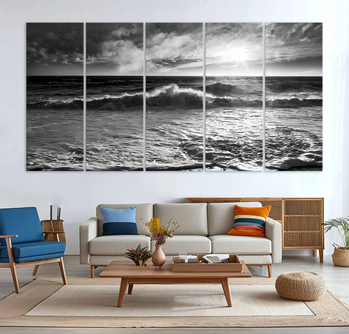 The room features the "Dark Ocean Wave on Beach" wall art canvas print. These museum-quality pieces are produced with high-resolution printing on canvas, providing an elegant touch to the space.