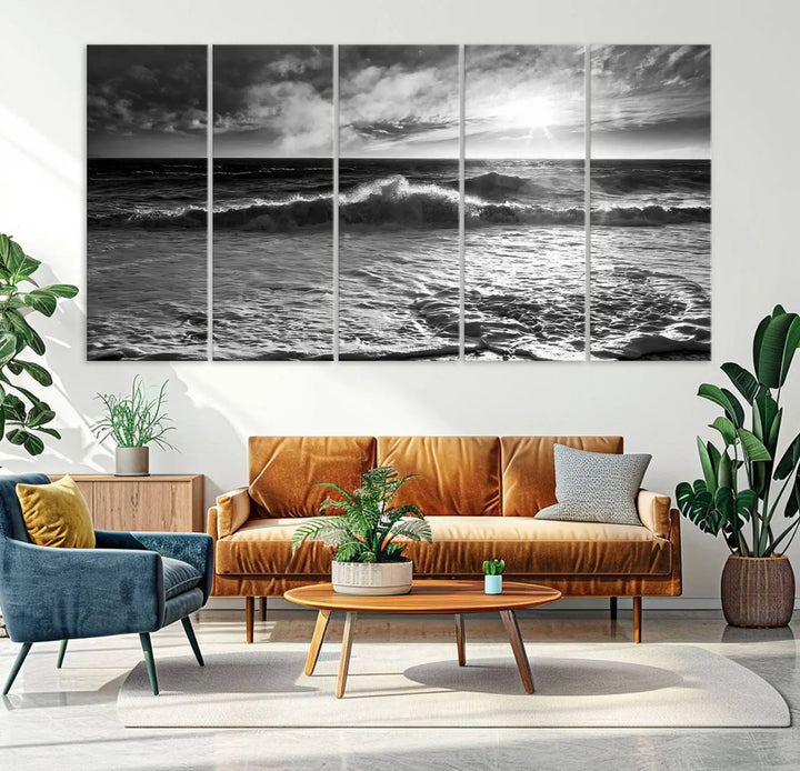 The room features the "Dark Ocean Wave on Beach" wall art canvas print. These museum-quality pieces are produced with high-resolution printing on canvas, providing an elegant touch to the space.