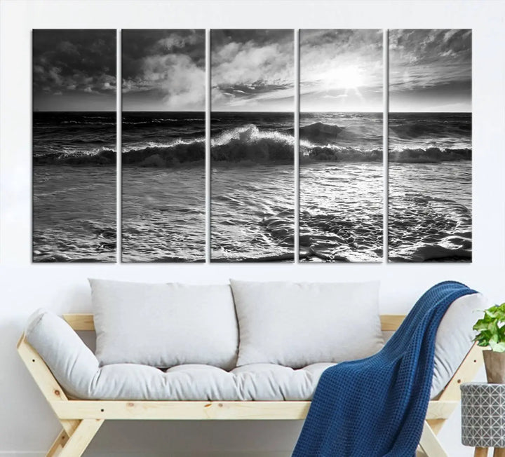 The room features the "Dark Ocean Wave on Beach" wall art canvas print. These museum-quality pieces are produced with high-resolution printing on canvas, providing an elegant touch to the space.