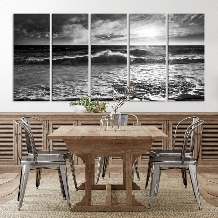 The room features the "Dark Ocean Wave on Beach" wall art canvas print. These museum-quality pieces are produced with high-resolution printing on canvas, providing an elegant touch to the space.