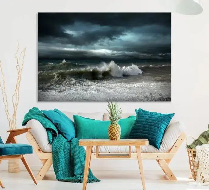 The Dark Storm Wall Art Canvas Print, featuring a breathtaking triptych of ocean waves, is expertly presented with gallery-wrapped edges and a UV-protective coating. It serves as a captivating centerpiece in this inviting living room.