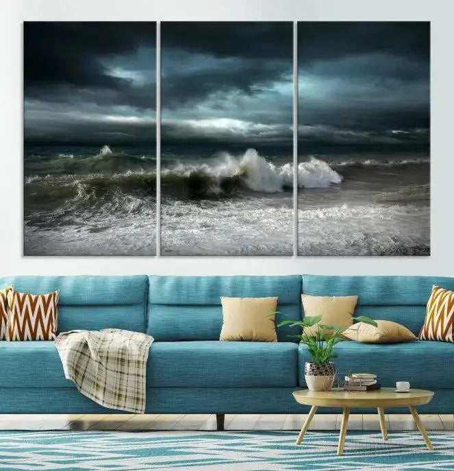 The Dark Storm Wall Art Canvas Print, featuring a breathtaking triptych of ocean waves, is expertly presented with gallery-wrapped edges and a UV-protective coating. It serves as a captivating centerpiece in this inviting living room.