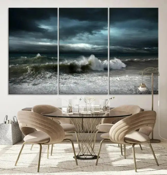 The Dark Storm Wall Art Canvas Print, featuring a breathtaking triptych of ocean waves, is expertly presented with gallery-wrapped edges and a UV-protective coating. It serves as a captivating centerpiece in this inviting living room.