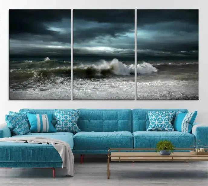 The Dark Storm Wall Art Canvas Print, featuring a breathtaking triptych of ocean waves, is expertly presented with gallery-wrapped edges and a UV-protective coating. It serves as a captivating centerpiece in this inviting living room.