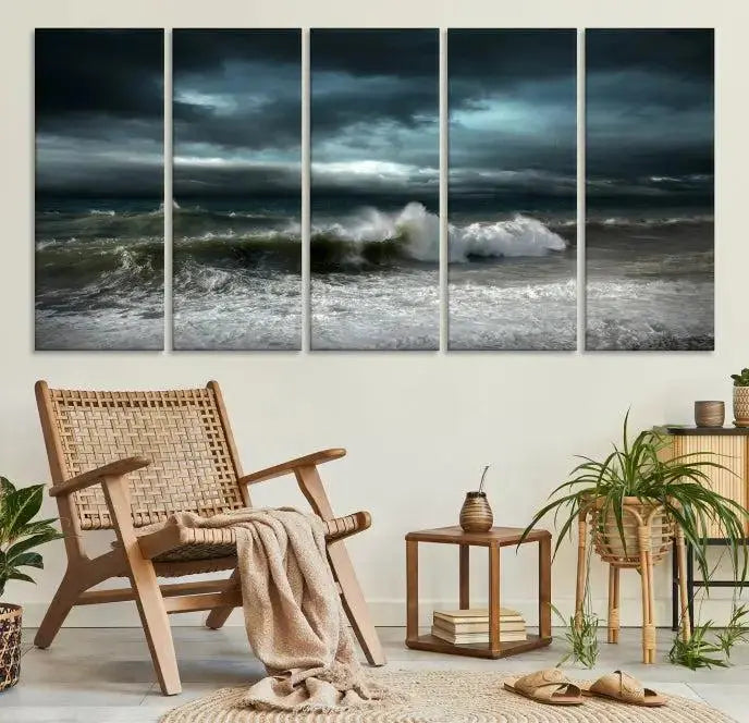 The Dark Storm Wall Art Canvas Print, featuring a breathtaking triptych of ocean waves, is expertly presented with gallery-wrapped edges and a UV-protective coating. It serves as a captivating centerpiece in this inviting living room.